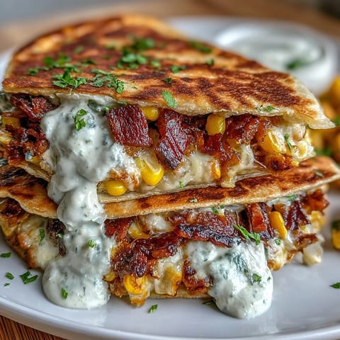 Cinco de Mayo Street Corn Quesadillas with smoky roasted corn and melted cheese on a warm tortilla, served with chipotle crema.