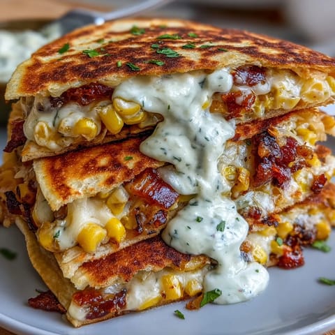 Crispy quesadillas filled with charred street corn, jalapeño, and Monterey Jack cheese, drizzled with spicy chipotle sour cream.