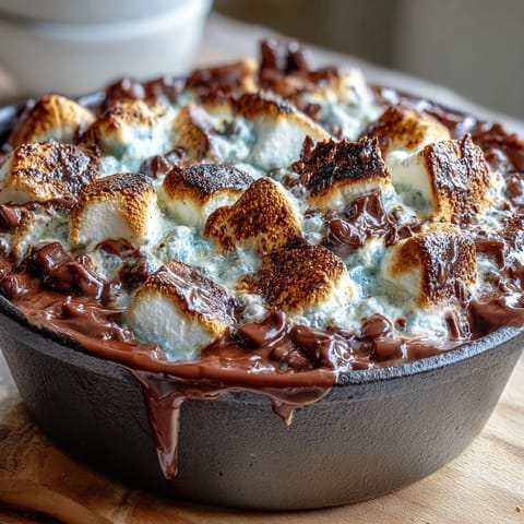 Gooey 4th of July Smores Dip in a cast iron skillet, with melted chocolate and toasted marshmallows, ready for dipping.  