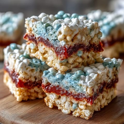 Vibrant red, white, and blue Rice Krispies treats stacked in festive layers for 4th of July celebrations.