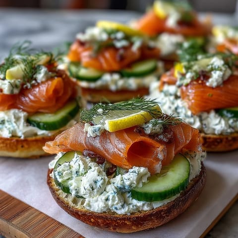 Elegant smoked salmon bagel platter with fresh vegetables, capers, and whipped herb cream cheese.