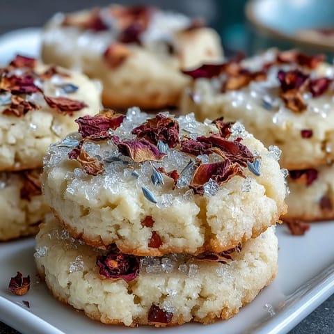 A delicate box of floral shortbread cookies, perfect for Mothers Day, with edible flowers pressed onto buttery golden rounds.