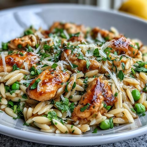 One-Pot Lemon Orzo with Chicken and Peas in a creamy, zesty sauce, garnished with fresh parsley and Parmesan.