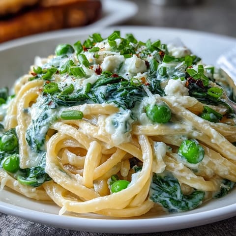 Bright spring pasta with lemon cream sauce and peas, garnished with Parmesan and lemon zest.