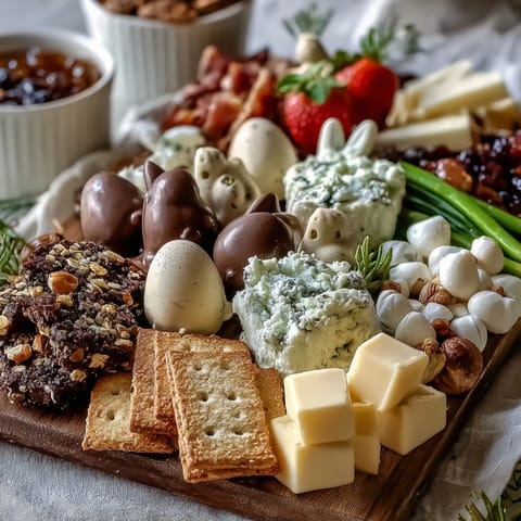 A colorful Spring Charcuterie board with mini Easter baskets filled with cheeses, fruits, and sweet treats, perfect for festive gatherings.