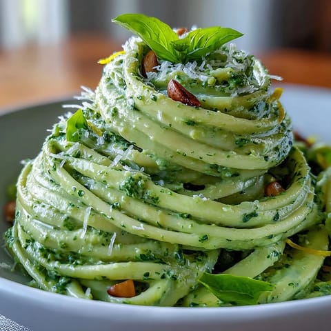 Quick and easy Creamy Avocado Pesto Pasta, ready to be served with fresh basil.