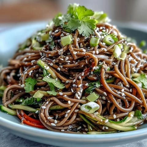 Chilled Soba Noodle Salad with sesame ginger dressing, a refreshing summer meal.