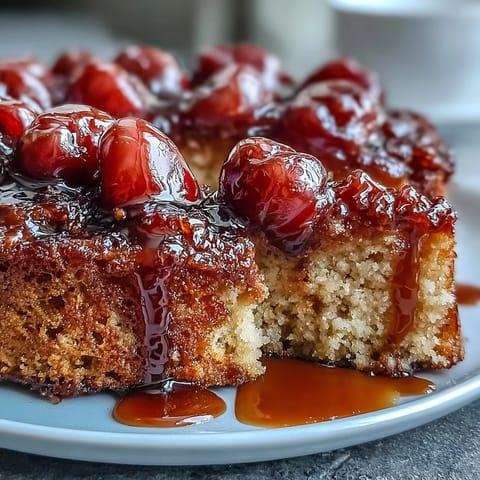 Caramelized cherries top this moist Cherry Almond Upside-Down Cake, baked beautifully.