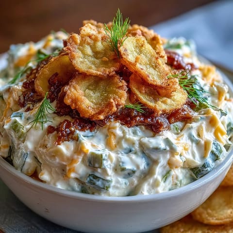 Creamy fried pickle dip with crispy garnishes, perfect for dipping.