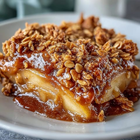Warm Father's Day Whiskey Caramel Apple Crisp with bourbon-infused apples.