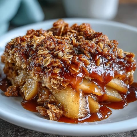 Decadent apple crisp with whiskey caramel, perfect for a holiday treat.
