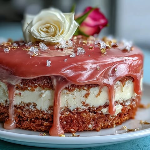 Elegant pink Bridal Shower Rosé Velvet Cake with shimmering gold drip.