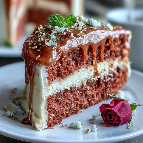 Beautifully decorated Bridal Shower Rosé Velvet Cake perfectly moist and ready to slice.