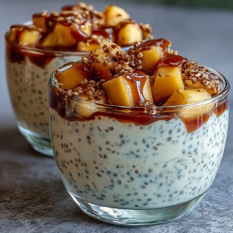 Plated Skyr Protein Chia Pudding topped with sweet mango and crunchy nuts.