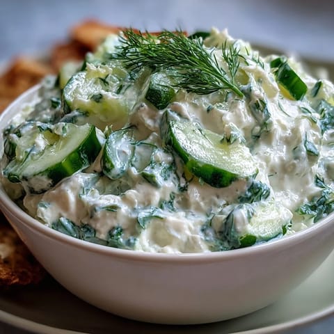 Refreshing Skyr Tzatziki Dip, a cool, herby Mediterranean-inspired summer appetizer.