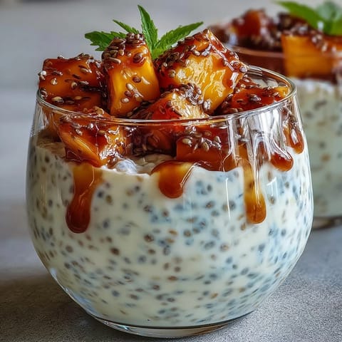 Creamy Skyr Protein Chia Pudding with vibrant mango swirls and fresh fruit.