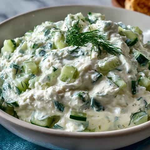 Creamy Skyr Tzatziki Dip with fresh cucumber and dill, perfect for dipping.