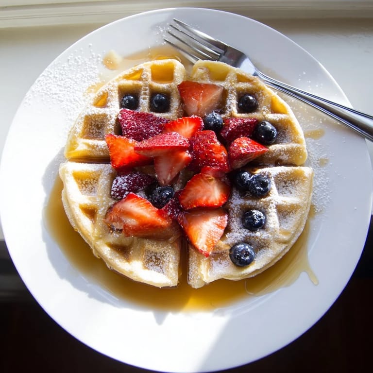 Homemade American-style waffles with a perfectly golden crust, ideal for a cozy brunch with your favorite toppings.