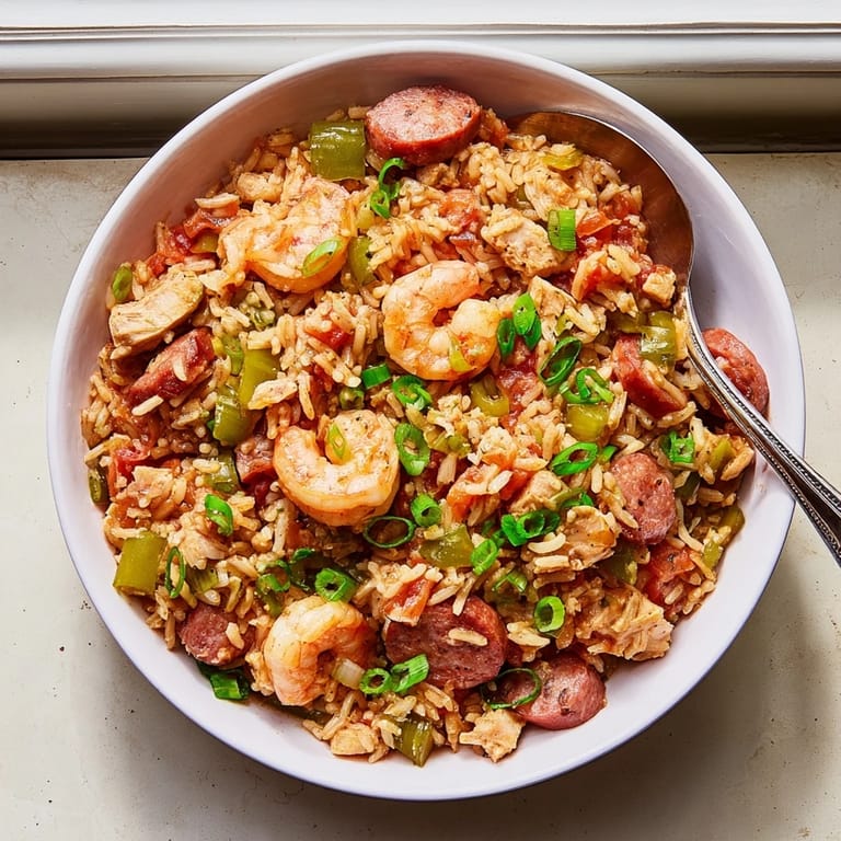 Close-up of jambalaya showing tender chicken, smoky sausage, and pink shrimp, with a dash of hot sauce.