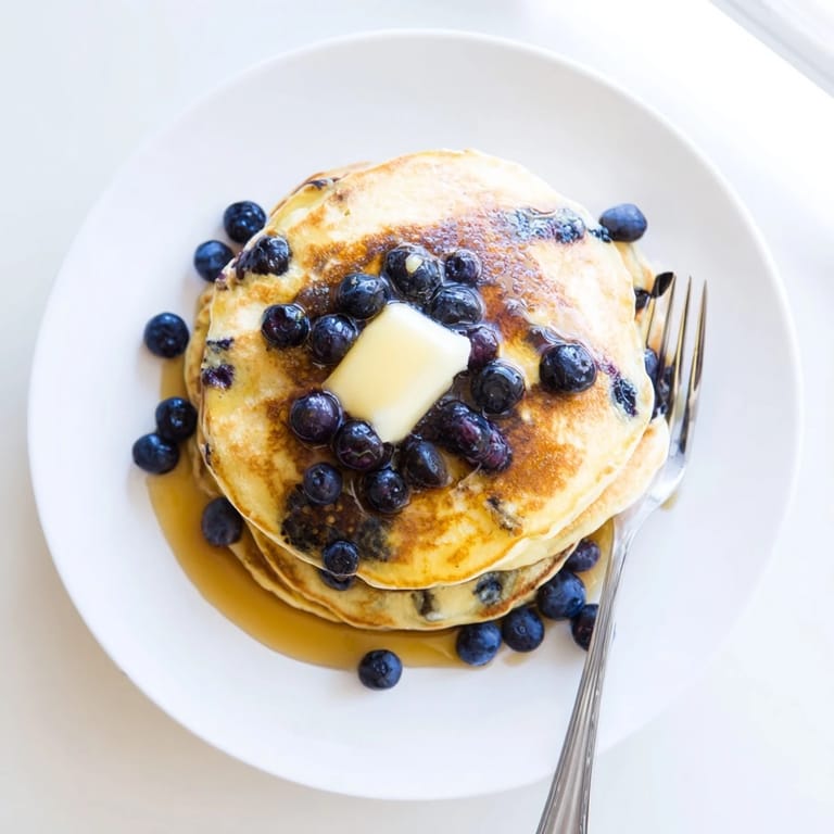 Fluffy blueberry pancakes drizzled with maple syrup and a pat of butter, perfect for a weekend brunch.