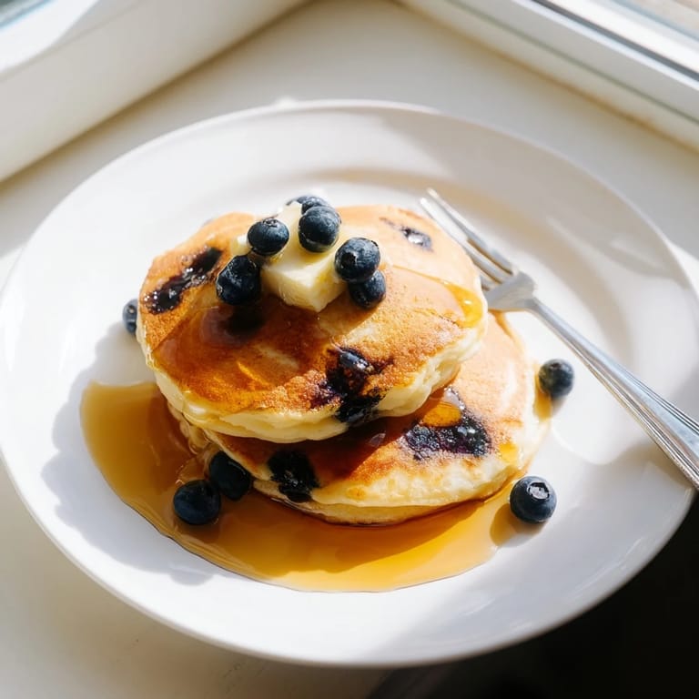 Golden-brown blueberry pancakes on a white plate, studded with juicy berries and ready to drizzle with maple syrup.