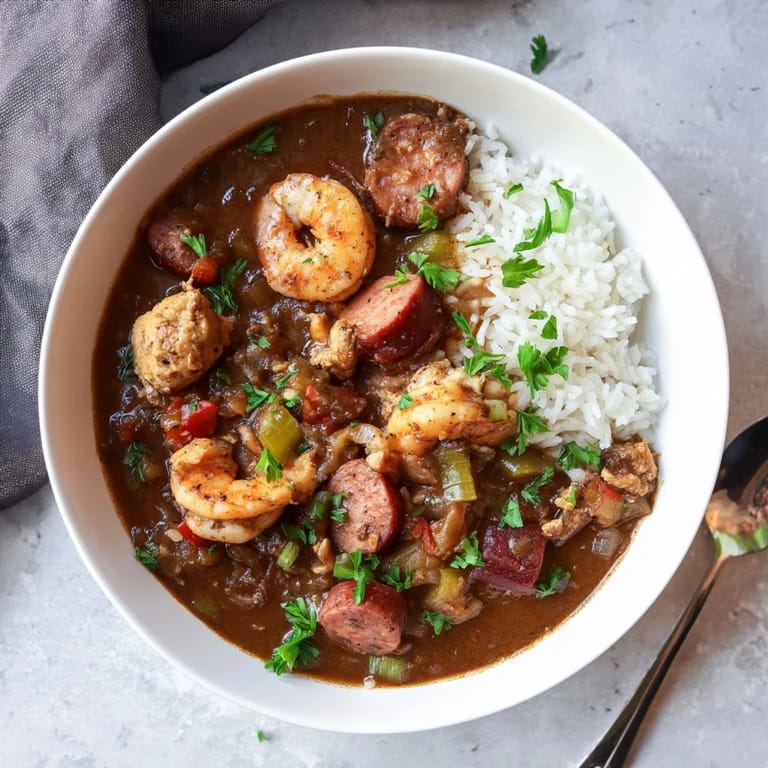 A rustic cast-iron pot filled with steaming Creole Gumbo, garnished with scallions, ready to serve with a side of hot sauce.