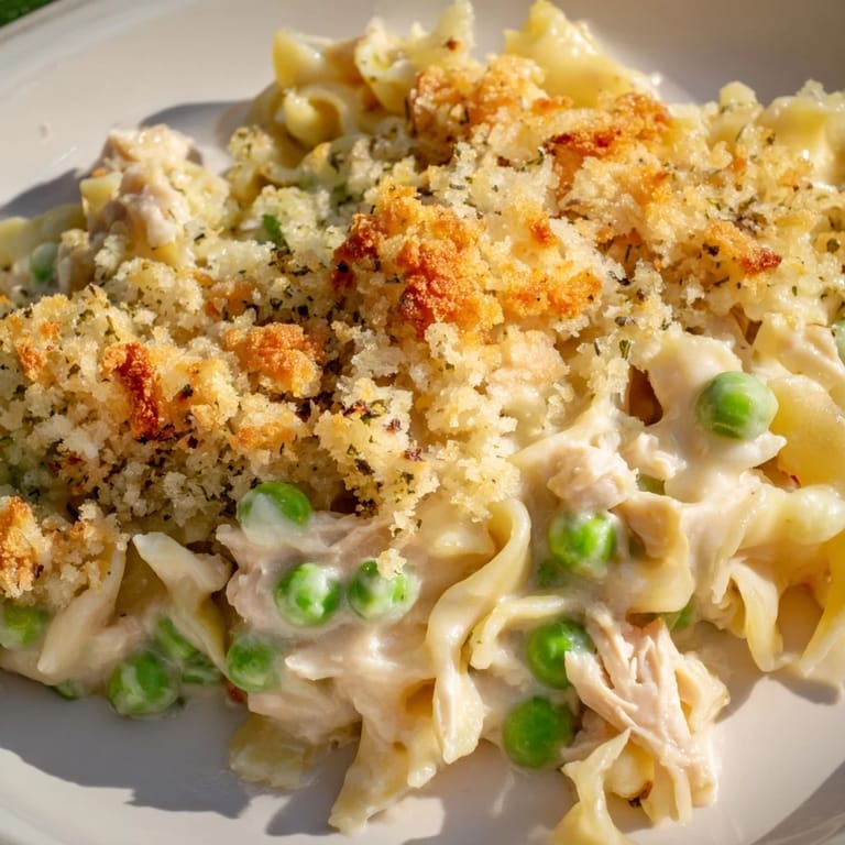 Spoon lifting a creamy portion of tuna casserole revealing tender noodles, flaky tuna, and peas inside.