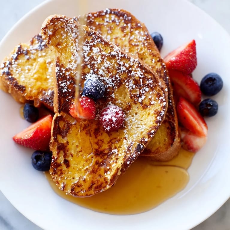 Pan-fried French toast with a custardy center, golden edges, and a light dusting of powdered sugar on a rustic wooden table.