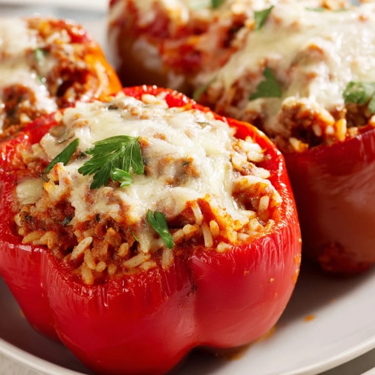 Hearty Mediterranean Stuffed Bell Peppers with melted cheese crust, ready to serve alongside crusty bread and a glass of red wine.
