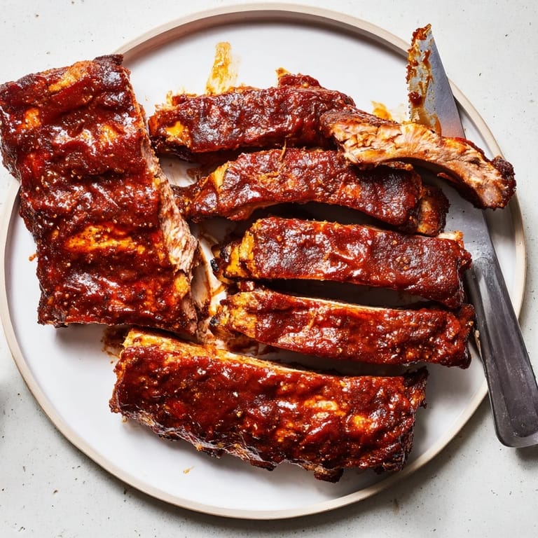 Caramelized BBQ Ribs fresh off the grill, glossy and sticky with a rich barbecue glaze.