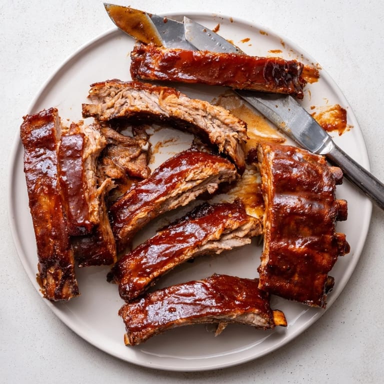 Oven-baked BBQ Ribs paired with cornbread and beans, perfect for a backyard feast.