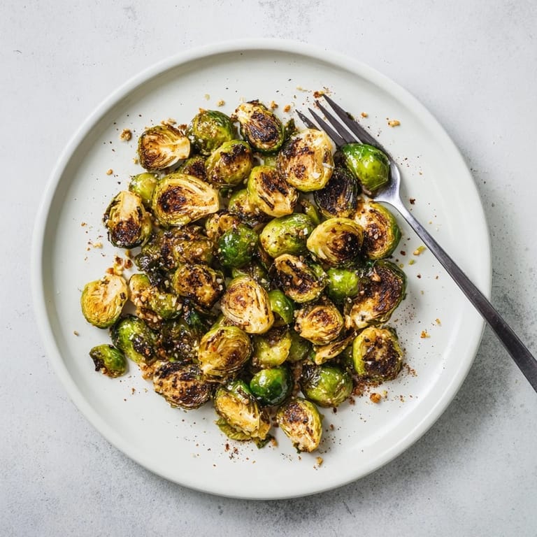 Fresh roasted Brussels sprouts roasted to golden perfection served hot from the oven, paired with a tangy lemon wedge for a bright and flavorful family side dish.