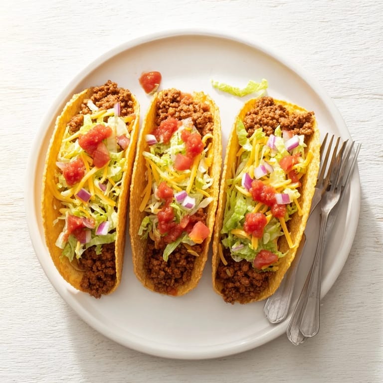 Freshly assembled American-Style Tacos with crunchy shells, topped with diced tomatoes, onions, and melted cheese for a zesty dinner.