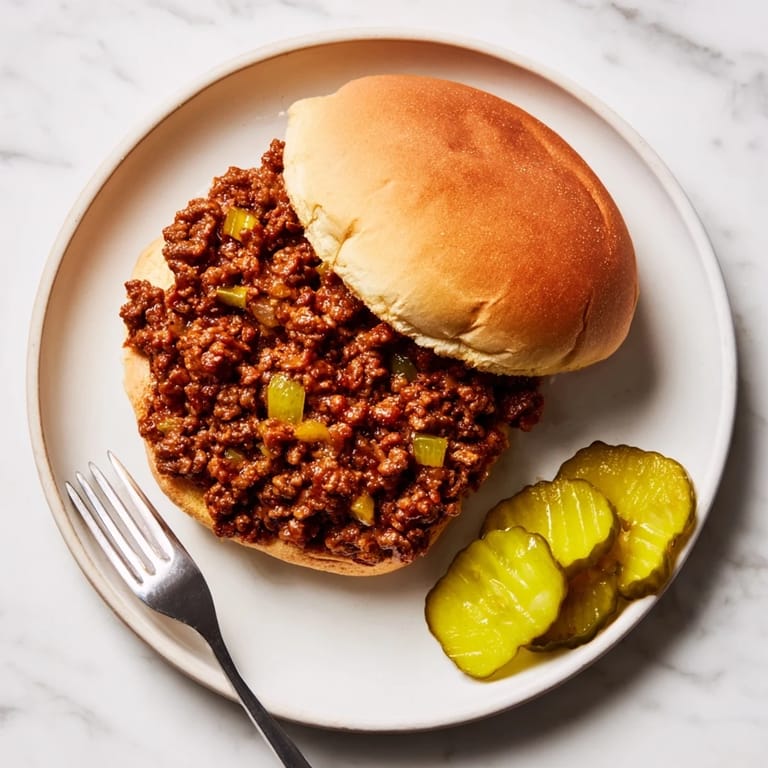 Ready to serve Sloppy Joes on toasted buns, garnished with dill pickle slices.