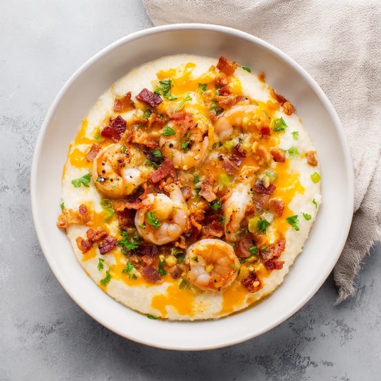 Spoonful of cheesy grits paired with seasoned shrimp, bacon, and bell peppers in a rich sauce, served ready to enjoy for a comforting dinner.