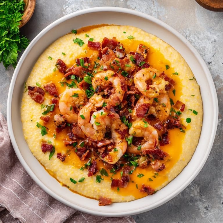 Close-up of Southern Shrimp and Grits featuring plump shrimp and sautéed vegetables over creamy cheese grits, finished with parsley and a lemony glaze.