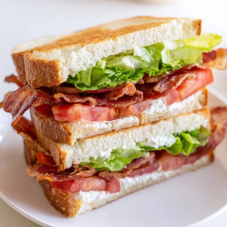 Freshly made BLT Sandwich halves showing creamy mayo spread, crunchy bacon, and ripe red tomato on wheat bread.