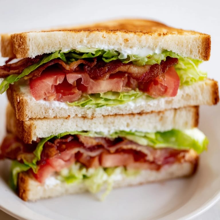 The ultimate BLT Sandwich served with golden potato chips and dill pickles, featuring layered lettuce and crisp bacon.