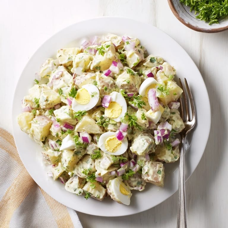 Classic American Potato Salad featuring Yukon Gold potatoes, celery, red onion, and fresh parsley for a picnic side.