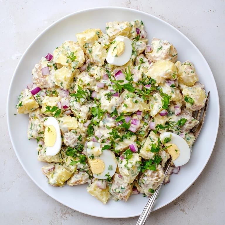 Chilled, tangy Potato Salad tossed with a creamy dressing and herbs, ready to serve at a summer barbecue.