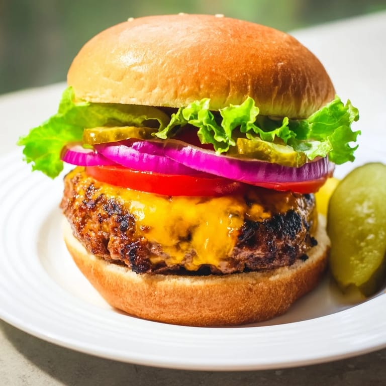 Assembled homemade hamburgers stacked high with fresh toppings, ready to serve alongside golden french fries on a wooden table.