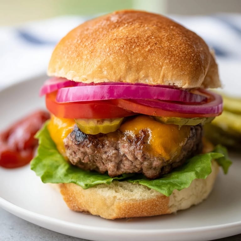 Juicy hamburgers with dill pickles and classic condiments served on a soft bun, perfect for an American backyard barbecue dinner.