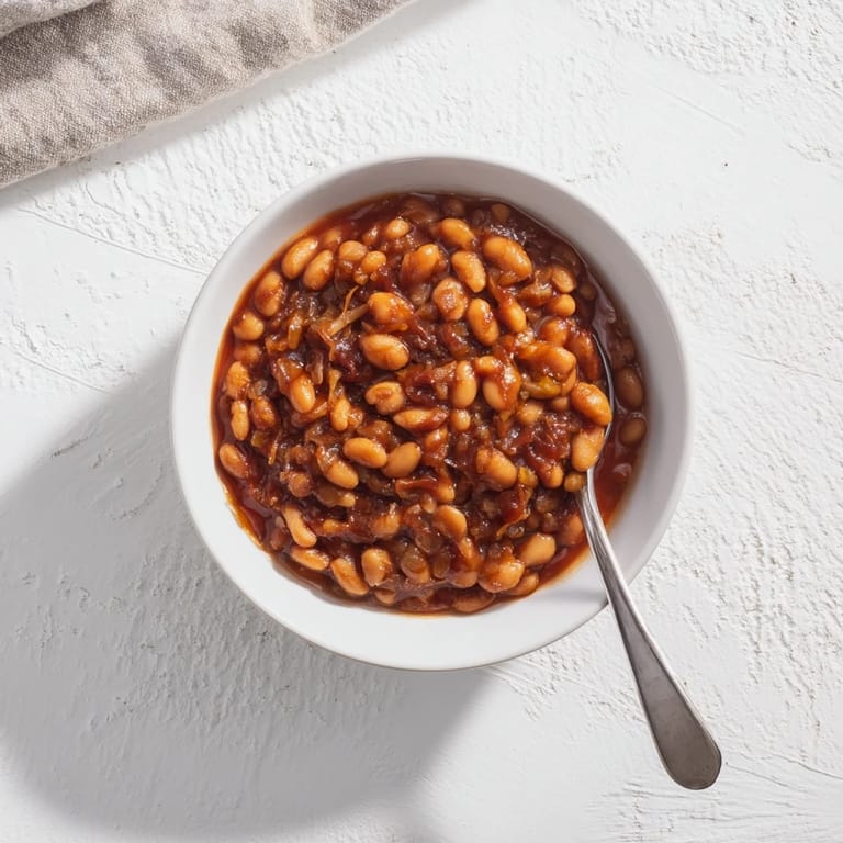 Golden brown Baked Beans in a sweet-savory tomato sauce, served hot alongside sizzling sausages and fresh cornbread.