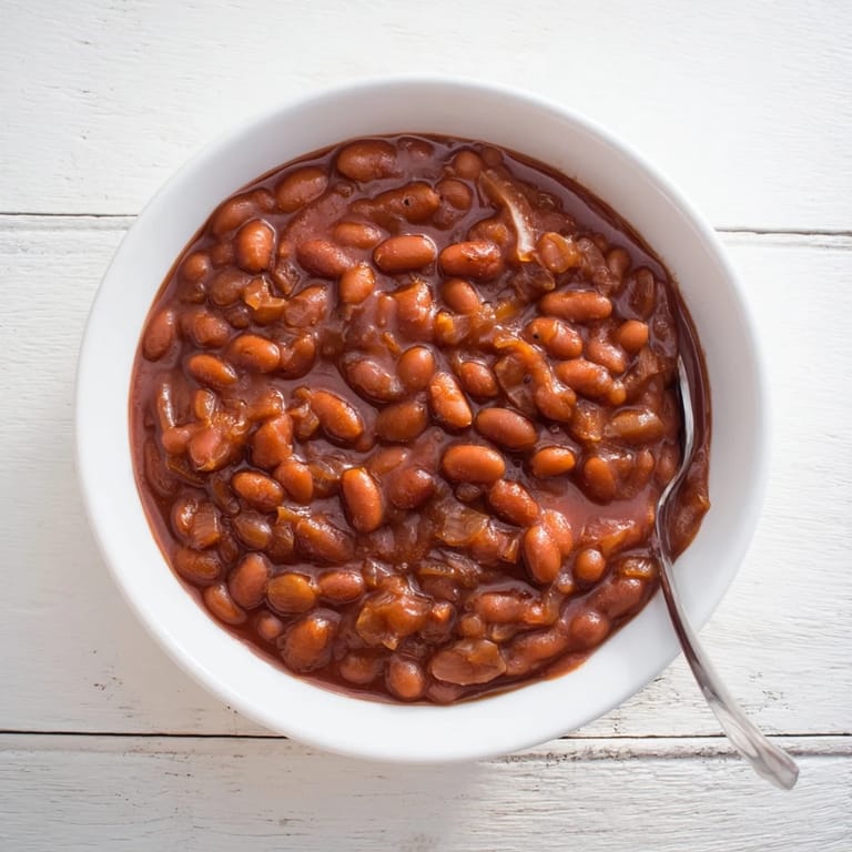Slow-cooked Baked Beans with a glossy, molasses-rich tomato sauce, bubbling in a Dutch oven for a comforting side.
