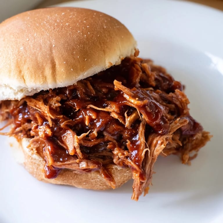 Shredded Pulled Pork Sandwich served on toasted buns with tangy barbecue sauce and crisp pickles, ideal for a hearty lunch.
