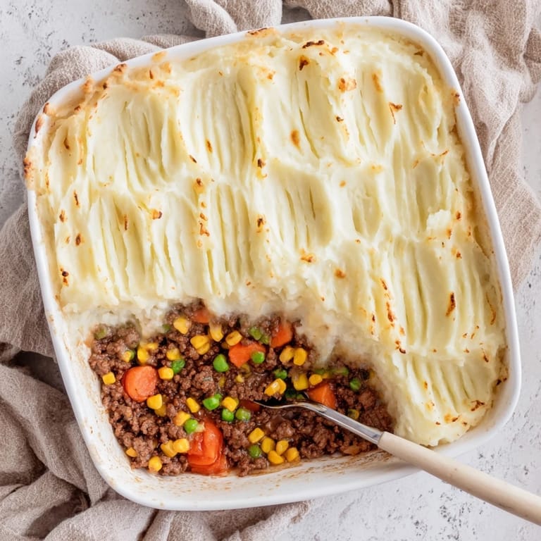 Homemade Shepherds Pie casserole with fluffy cheddar mashed potatoes topping a hearty mix of ground beef, peas, corn, carrots, and herbs.
