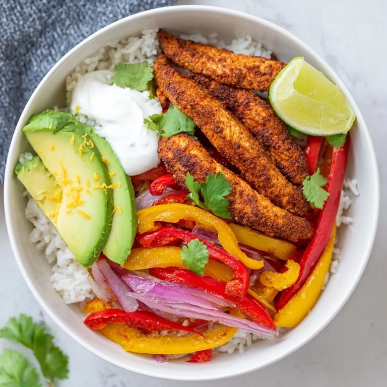 Sizzling Mexican-inspired Chicken Fajita Bowl topped with creamy avocado, melted cheese, and pico de gallo, ready for a delicious weeknight dinner.