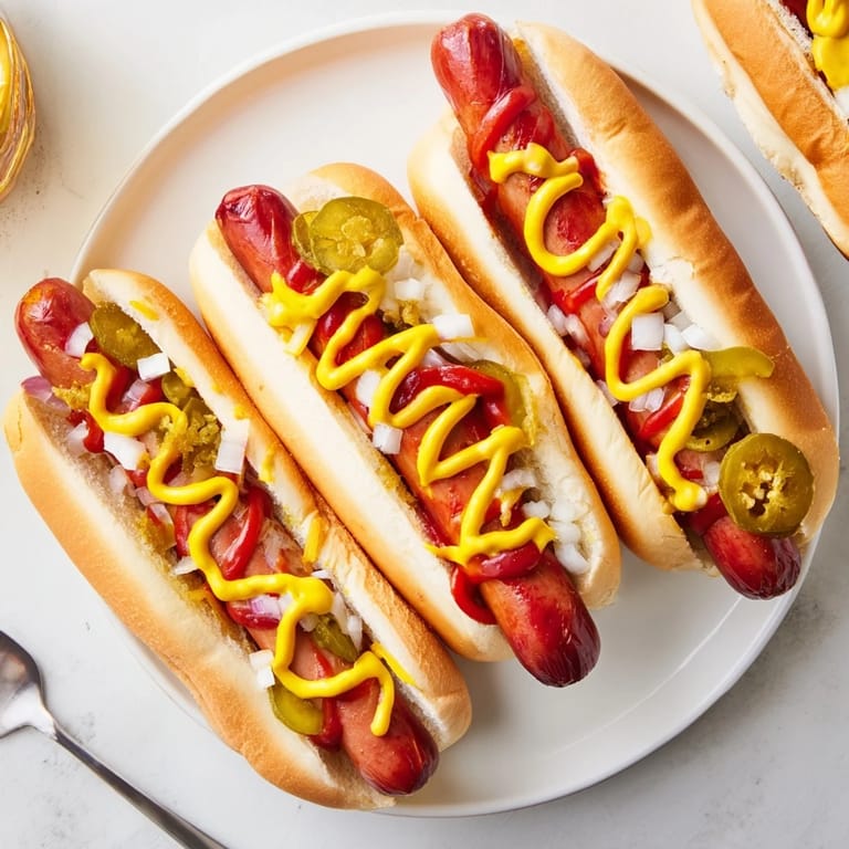 Two savory Hot Dogs in fluffy buns, garnished with crunchy relish and onions, served alongside golden fries and a cold drink.