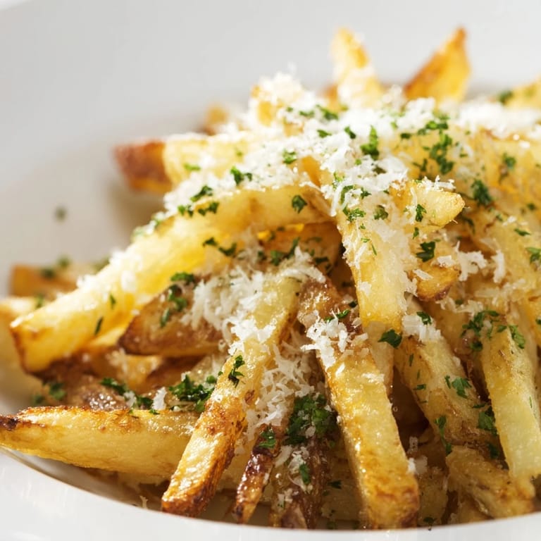 Heaped on a white plate, Truffle Parmesan Fries glisten with fragrant oil and savory freshly grated cheese.