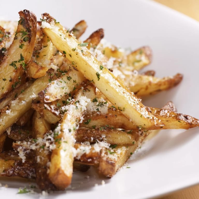 Freshly baked Truffle Parmesan Fries offer a crunchy texture, served warm as an easy vegetarian side dish.